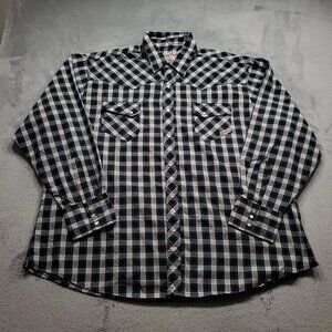Wrangler Wrancher Button Up Pearl Snap Plaid Shirt Black Blue White Men Sz 2XL